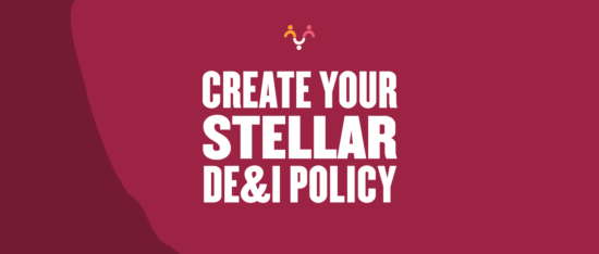 create your stellar de&i policy, bold white text on maroon background with playful icons above the text